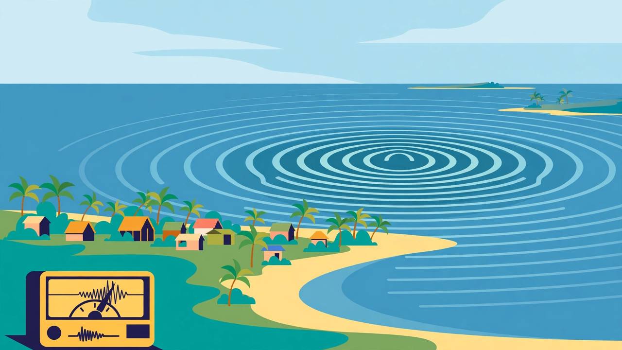 Editorial illustration of seismic waves radiating from an offshore point near a South Pacific island coastline with a small village and a seismograph