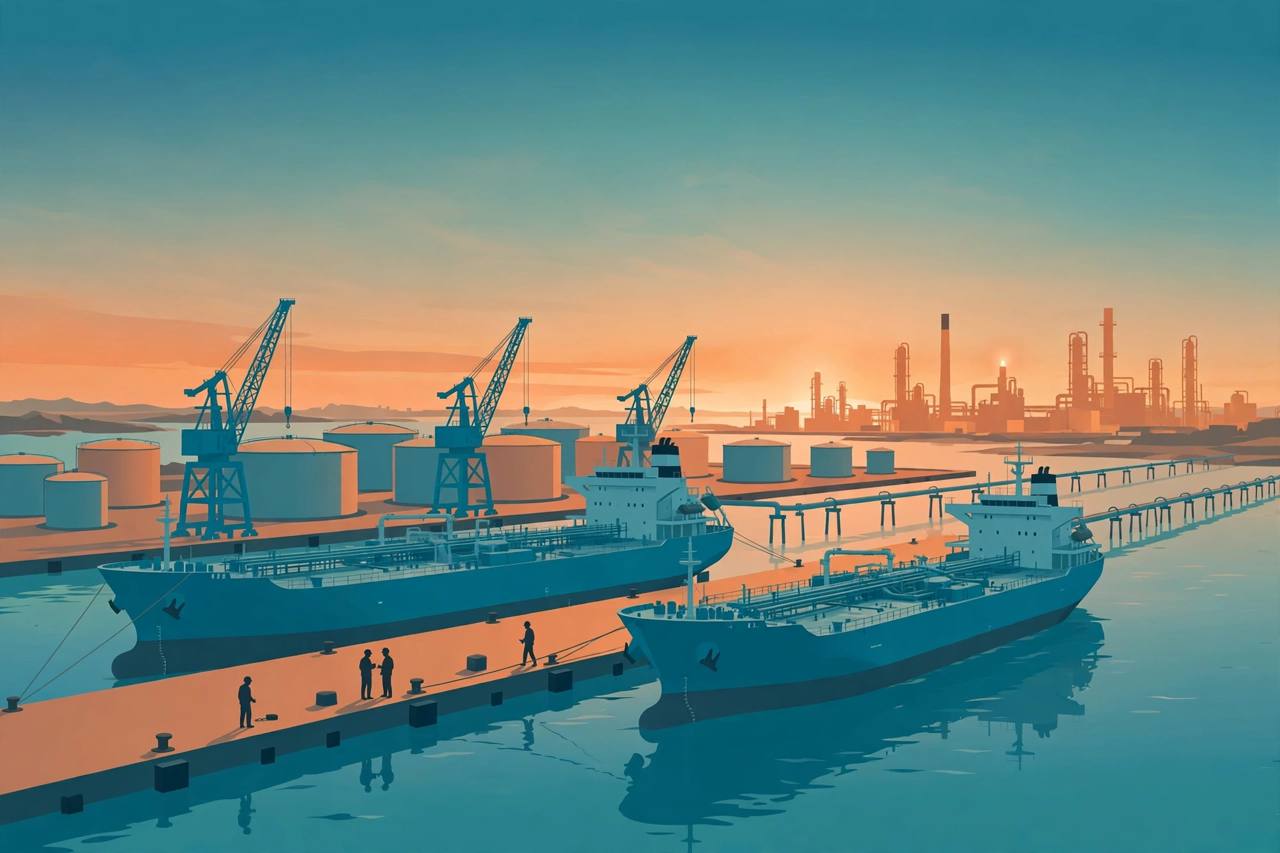 Editorial illustration of two oil tankers docked at a Gulf Coast port with storage tanks, cranes and a refinery in the distance