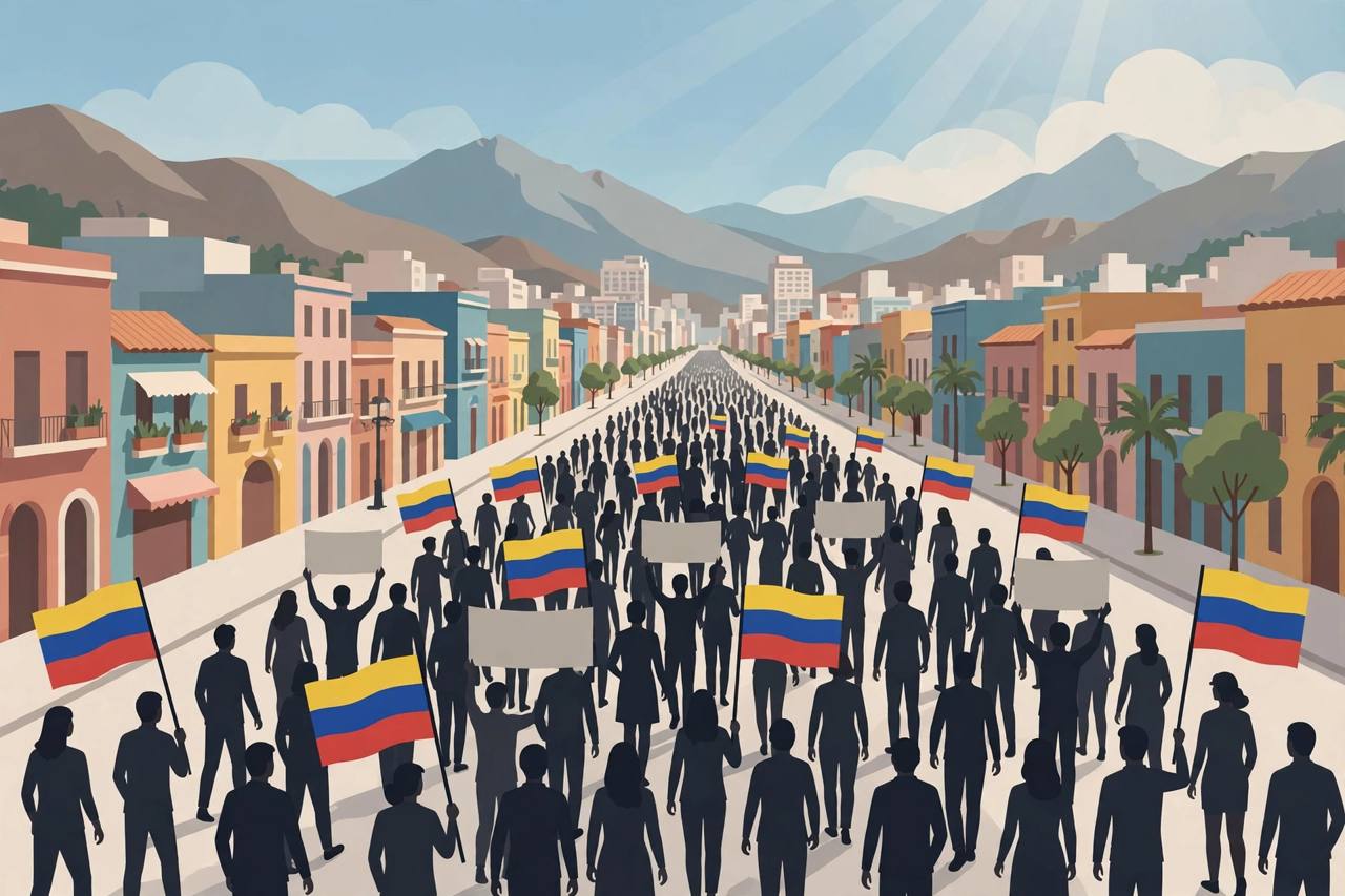 Editorial illustration of a generic peaceful crowd marching down a city avenue with plain banners and plain tricolour flags — no real person, place or flag design depicted