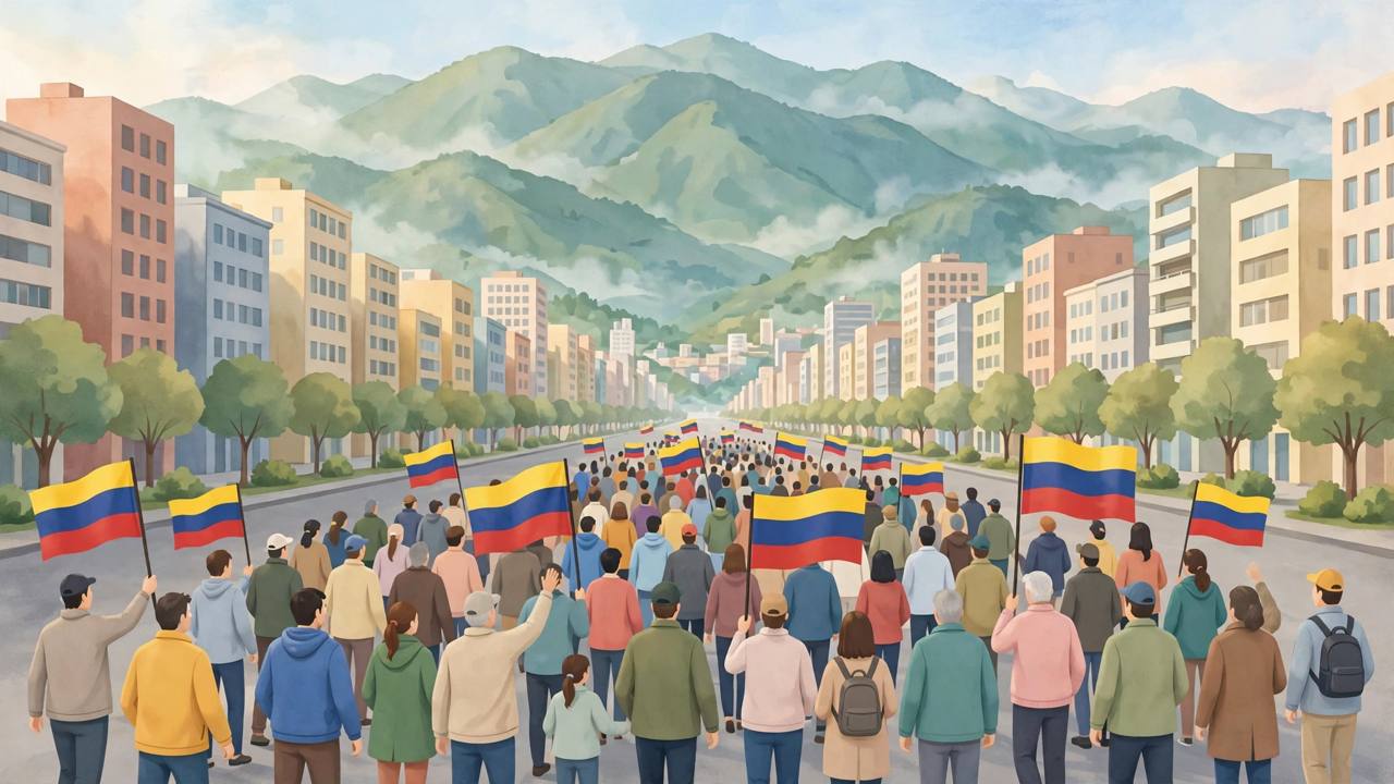 Editorial illustration of a large peaceful crowd of generic citizens marching down a Caracas avenue waving Venezuelan flags — flat style, no real person depicted