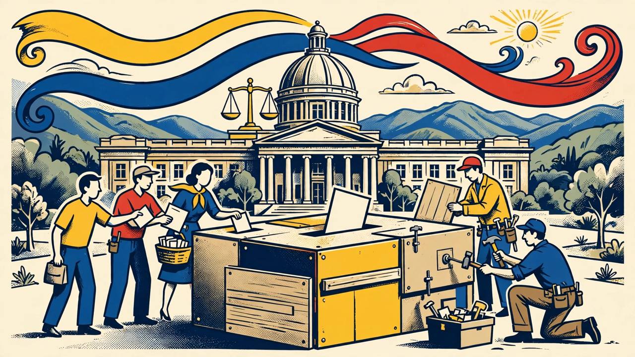 Editorial illustration of citizens placing ballots into a ballot box being rebuilt with new panels, with scales of justice and a courthouse in the background in Caracas