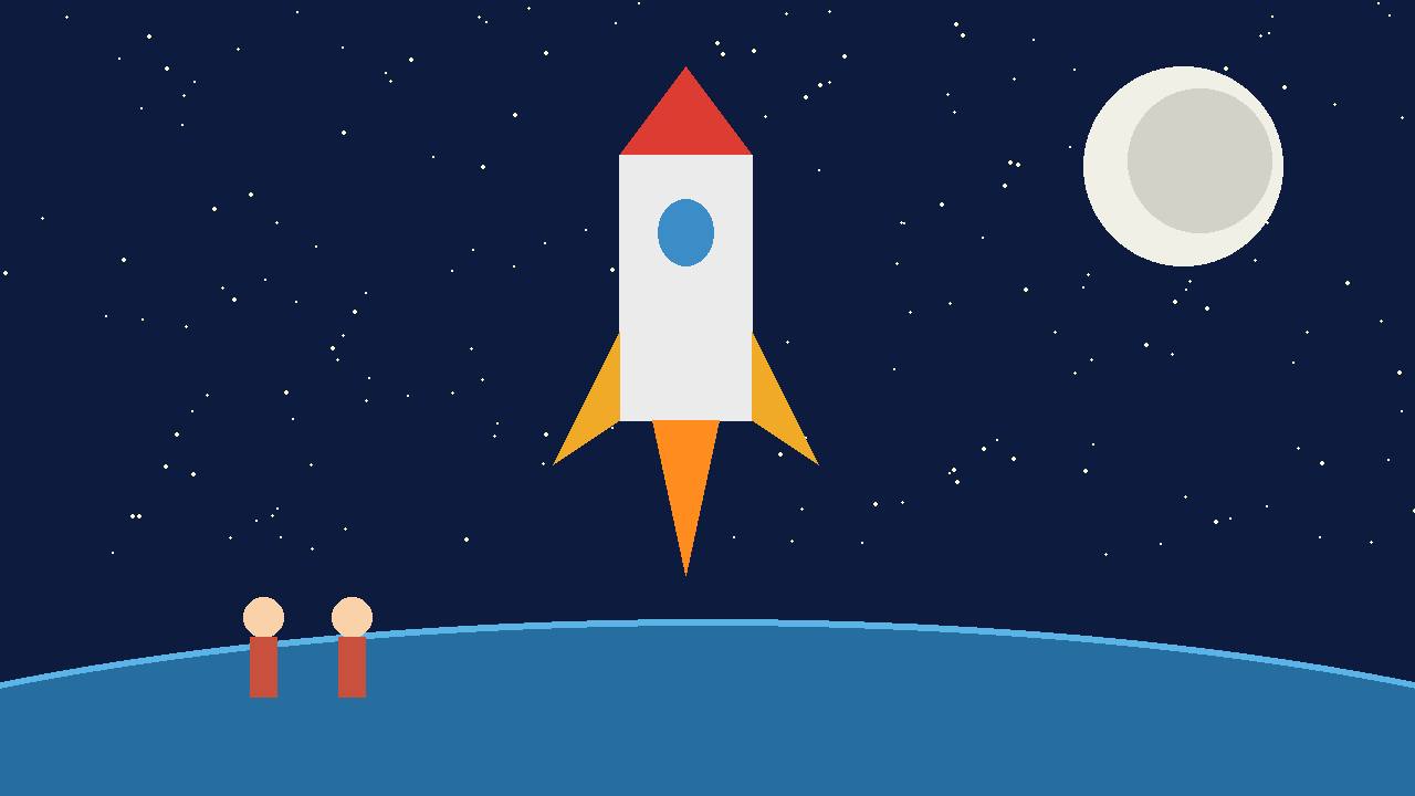 Flat editorial illustration of a generic rocket rising toward the Moon over a curved Earth, with two generic figures watching from below and stars in a dark blue sky (Editorial illustration)