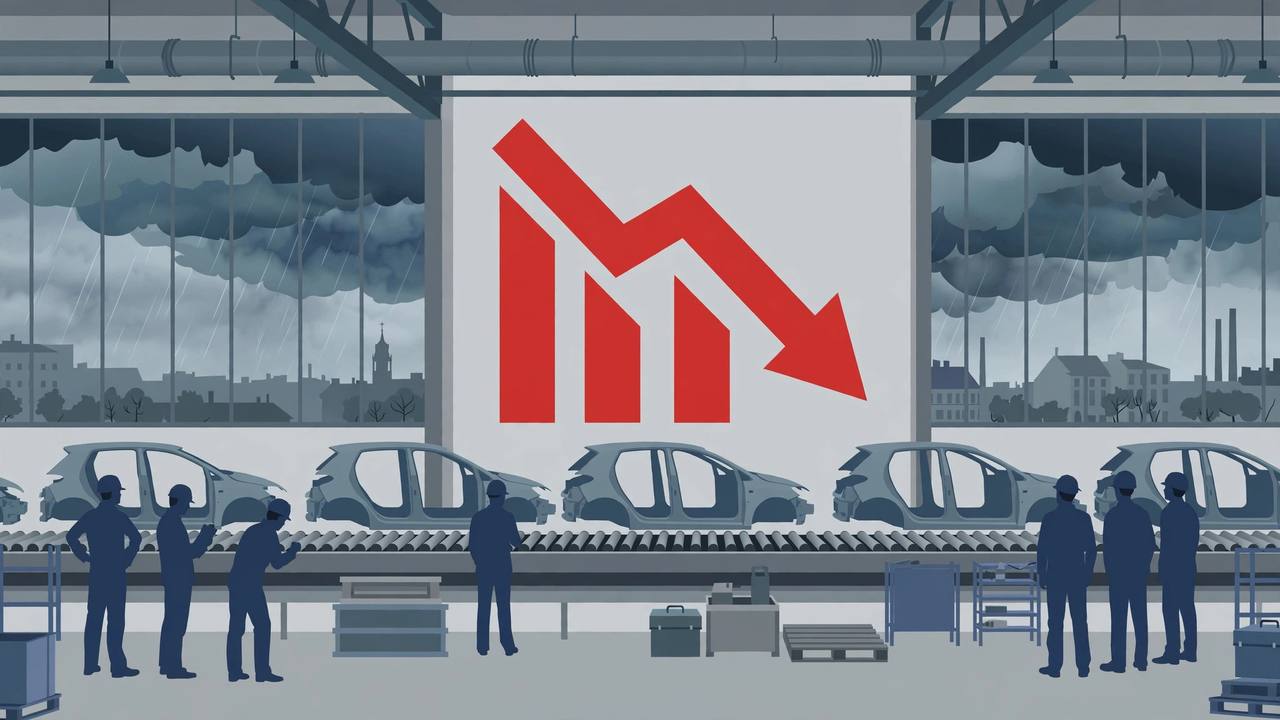 Flat editorial illustration of a car factory assembly line with unfinished hatchbacks, generic worker silhouettes and a large red downward arrow under storm clouds