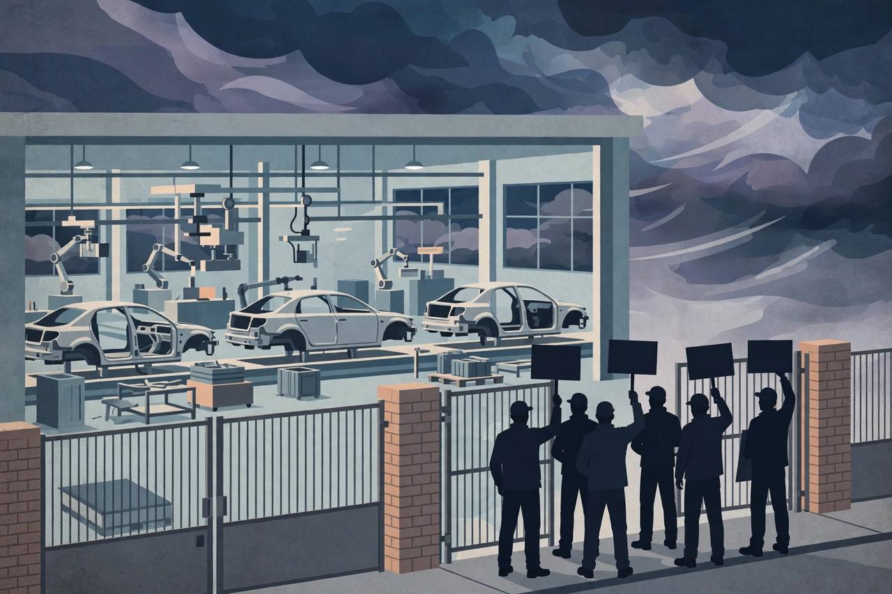 Editorial illustration of a generic car factory with generic workers holding blank placards at the gates — no real facility, logo or person depicted