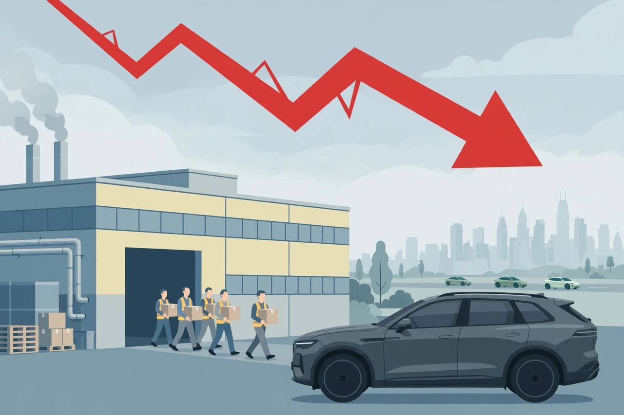 Editorial illustration of workers leaving a car factory as sales fall in China