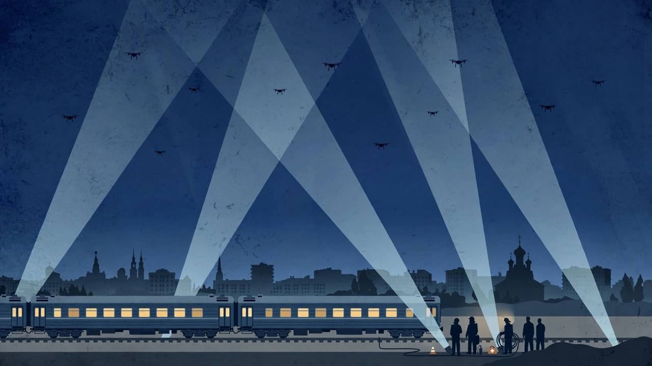 Editorial illustration of a passenger train stopped at night outside a generic city, with distant drone silhouettes and searchlights in the sky