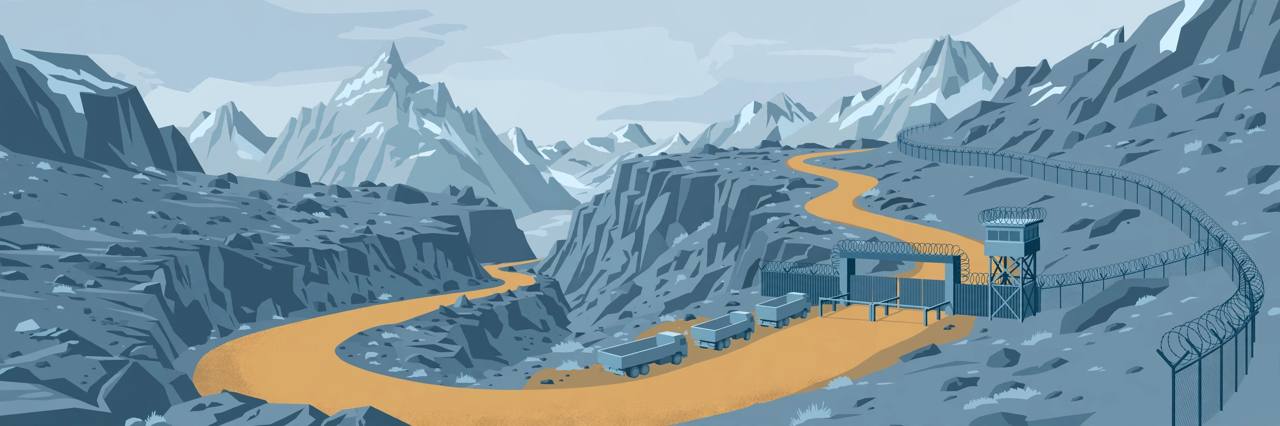 Editorial illustration of a gravel mountain road in a high rocky corridor ending at a closed fenced border gate with watchtower — flat style, no real person depicted