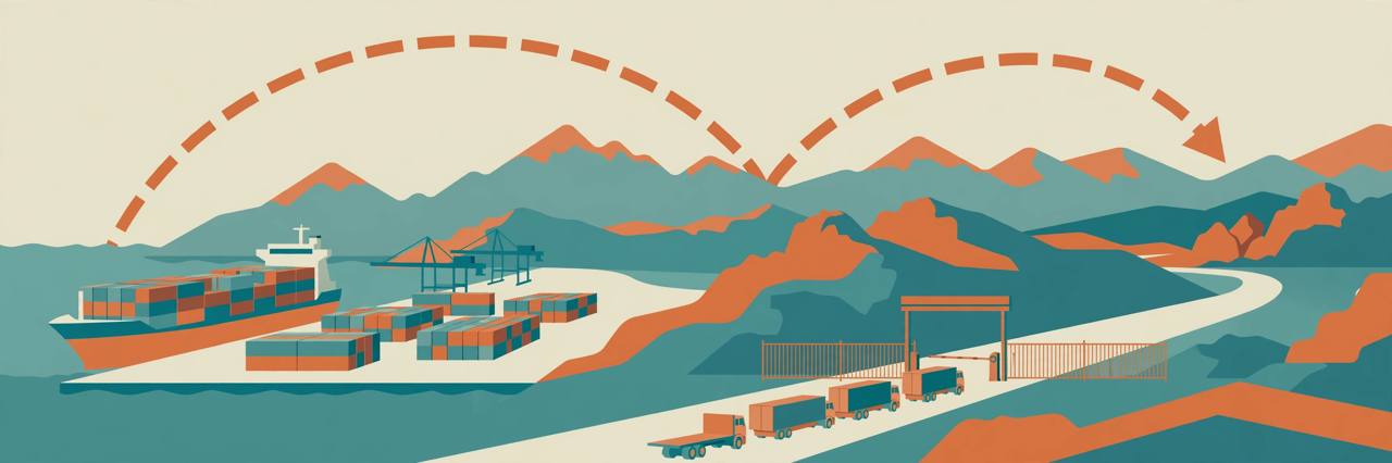 Editorial illustration of a container ship and stacked containers at a port with a closed border gate and a detour arrow around mountains, flat style, no text, no real person depicted