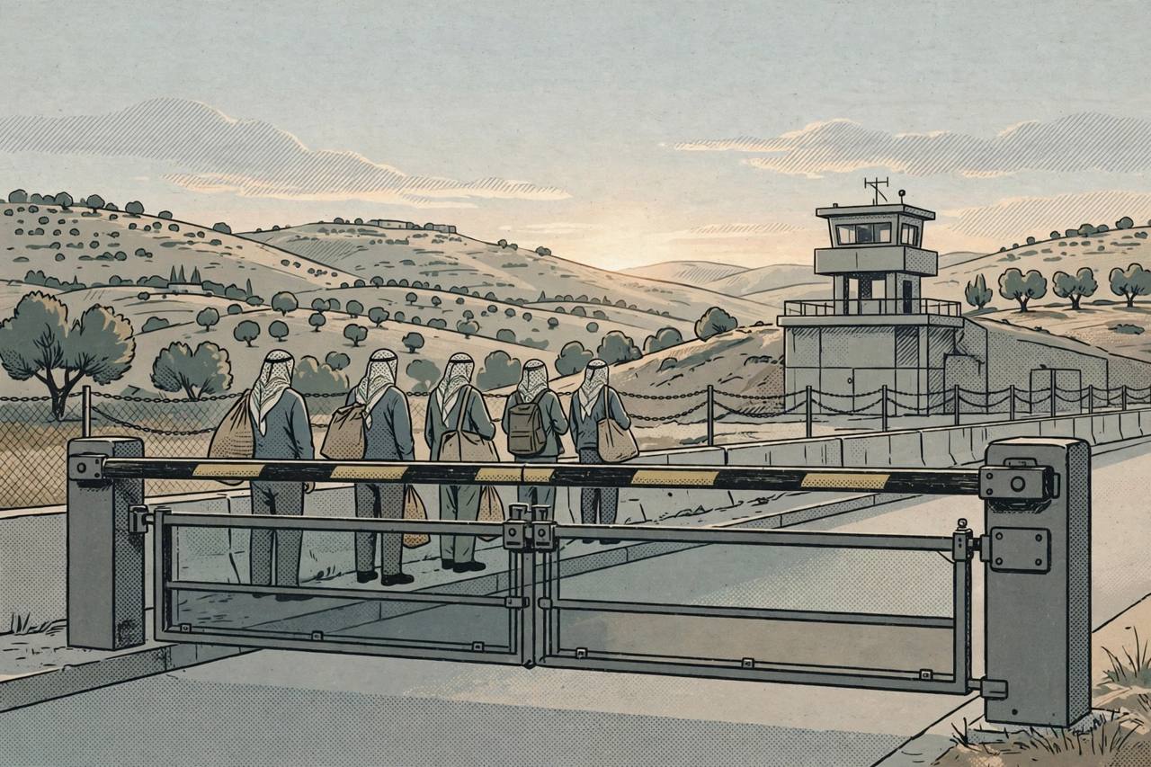 Editorial illustration of generic Palestinian workers waiting at a closed West Bank crossing gate at dawn