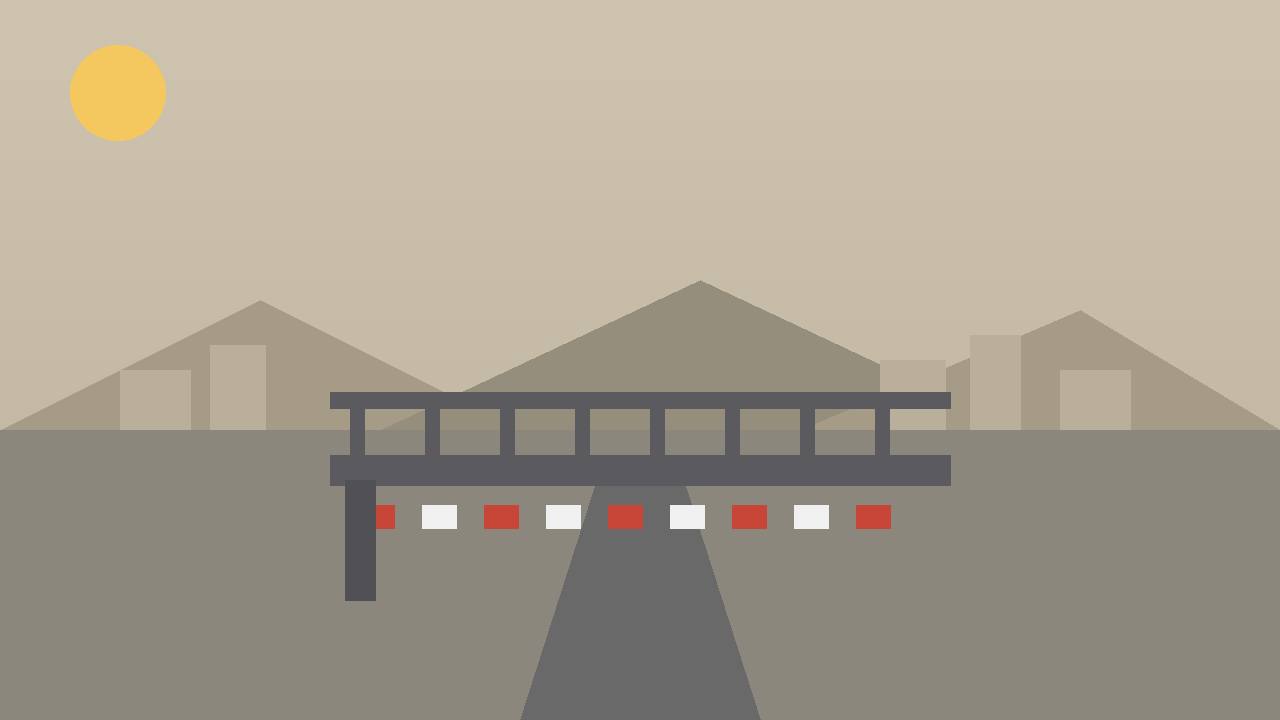 Editorial illustration of a generic closed checkpoint gate on a road below hills and a town silhouette — no real person, real place or incident depicted
