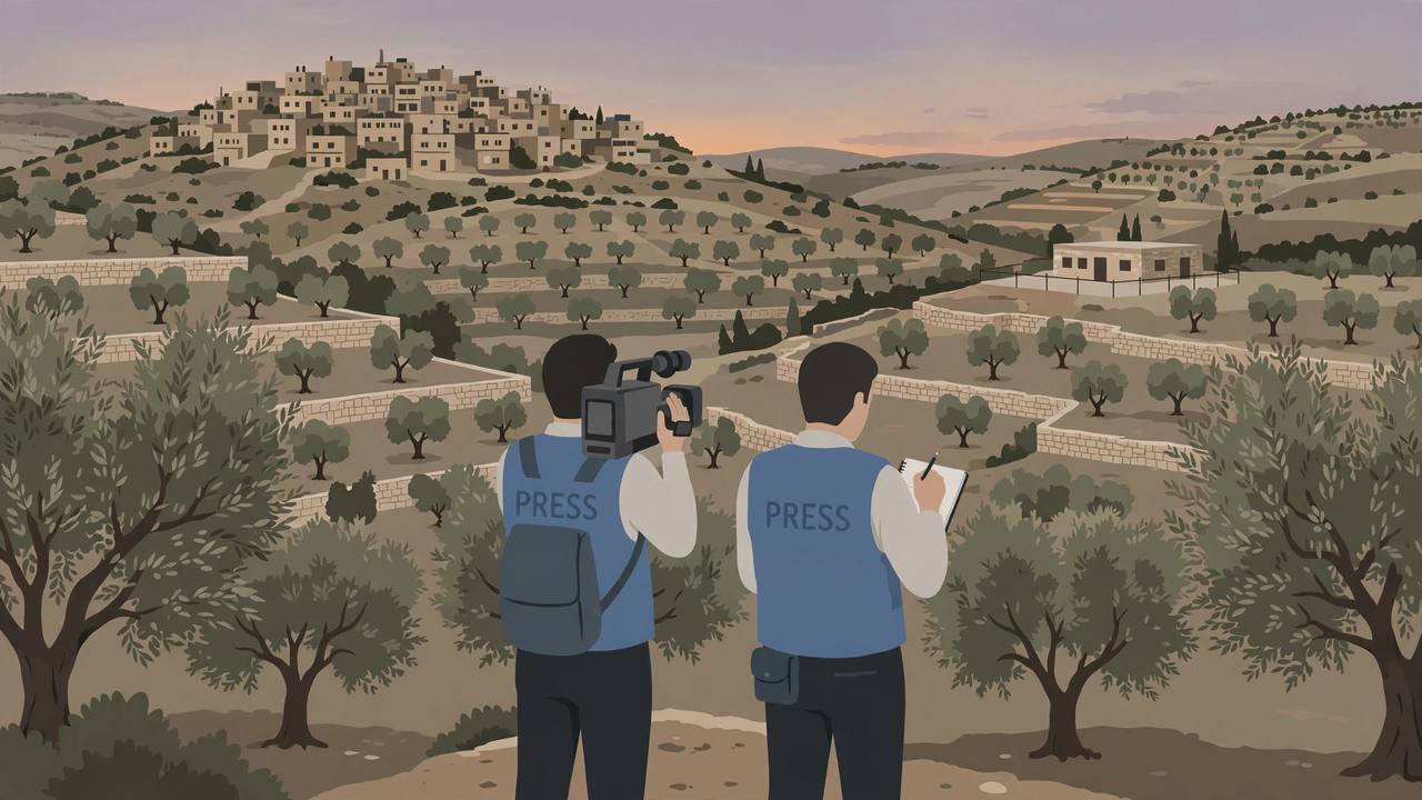 Editorial illustration of two generic press journalists with a camera seen from behind at an olive grove overlooking a West Bank hill village at dusk