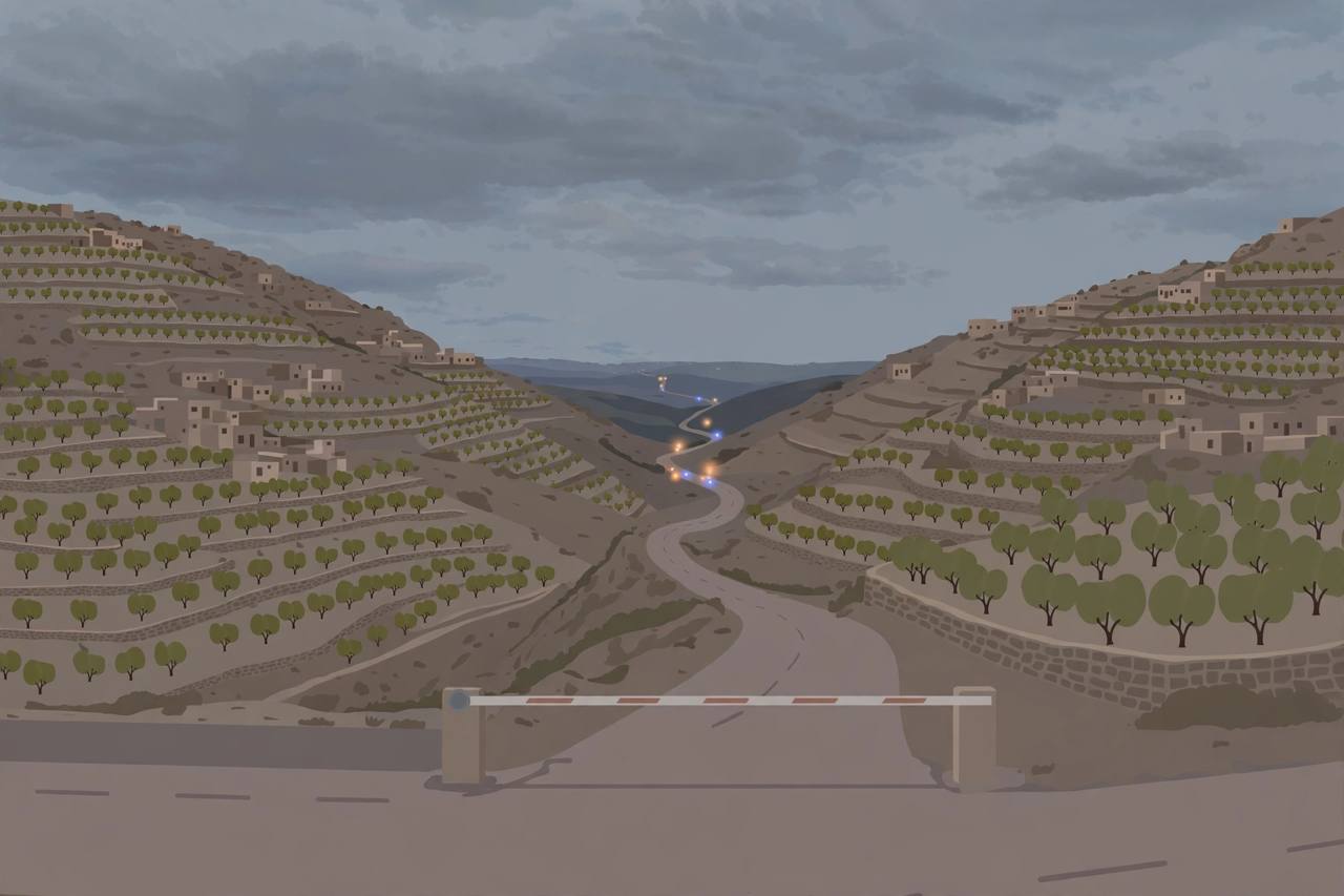 Editorial illustration of a quiet road junction in terraced olive-grove hills south of Hebron at dusk — no real place, person or incident depicted