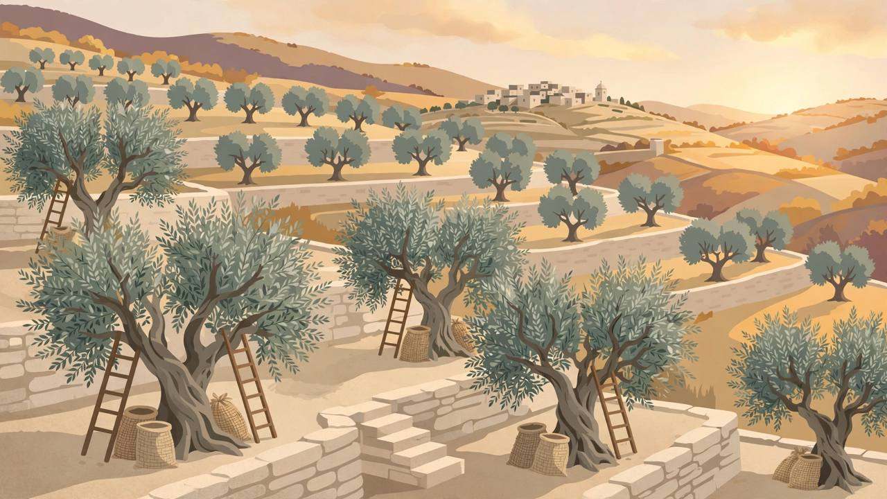 Editorial illustration of terraced olive groves on West Bank hills at harvest time — no real place or person depicted