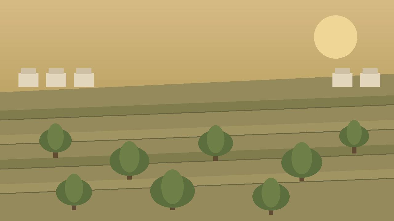 Editorial illustration of terraced West Bank hills with olive trees and distant village rooftops under a warm sky — no real place, person or incident depicted