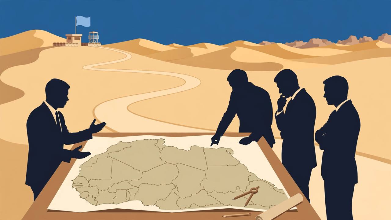 Editorial illustration of a Western Sahara desert landscape with a UN peacekeeper observation post, a map of North Africa and generic diplomats in discussion