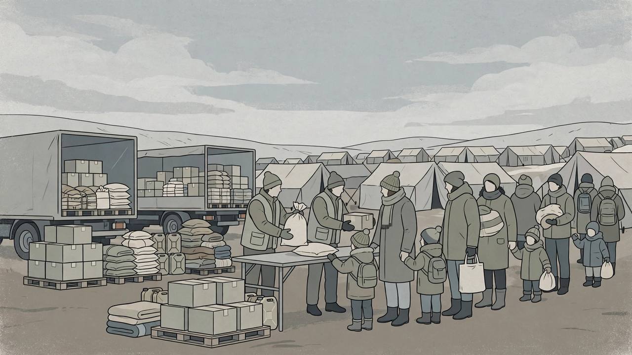 Editorial illustration: aid workers handing food parcels and flour sacks to generic families queuing at a tent-camp distribution point, aid trucks behind, no real person's likeness
