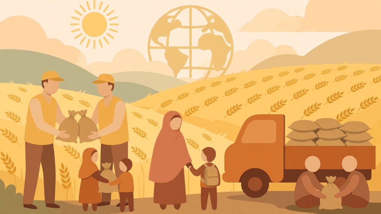Editorial illustration of generic aid workers handing grain sacks to generic families beside an aid truck, with wheat fields and a globe motif behind them