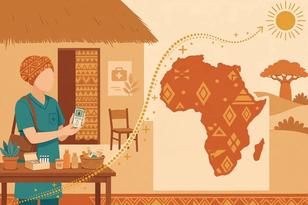 A community health worker with a blood-glucose test kit beside a map of Africa. (Editorial illustration)