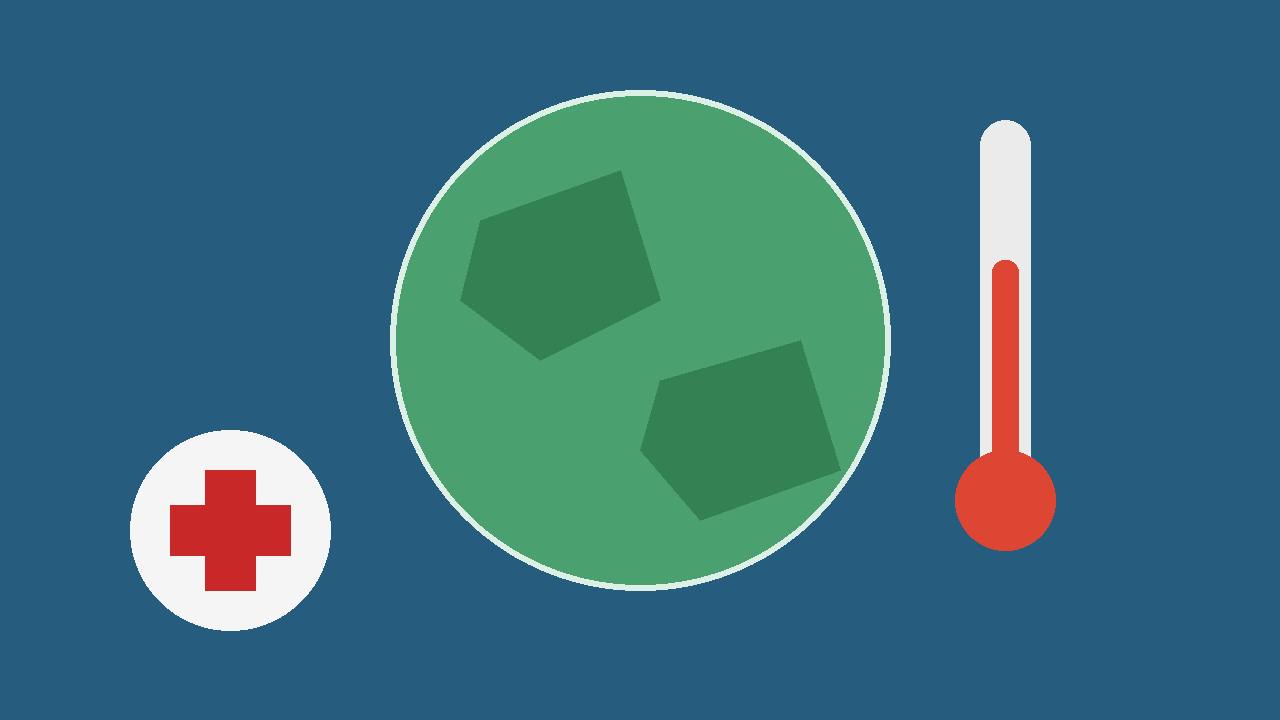 Editorial illustration of a globe with a thermometer and a health cross badge, representing health in national climate plans