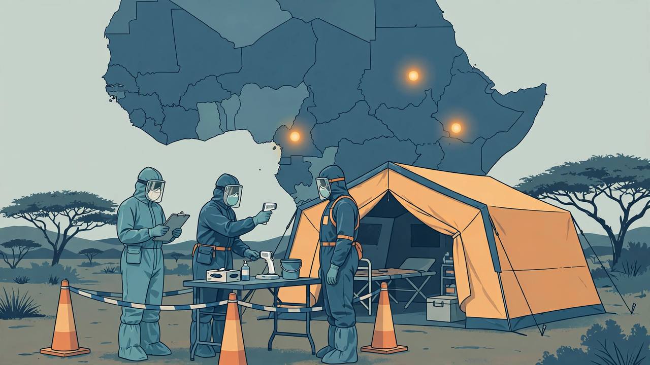 Editorial illustration of health workers in protective suits at an Ebola screening checkpoint with a treatment tent and a stylised map of Africa with three glowing dots, flat style, no real person depicted