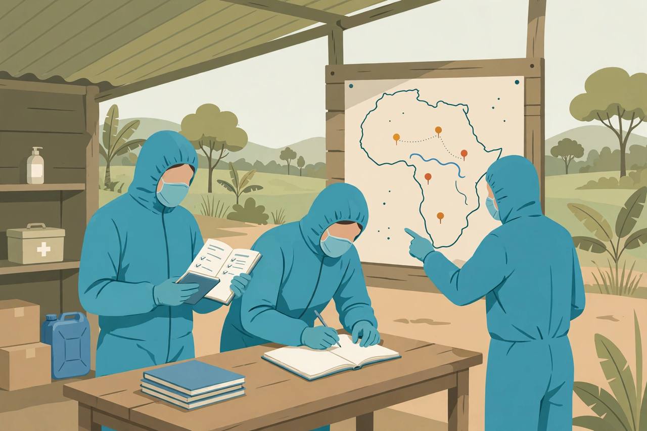 Editorial illustration of generic health workers in protective suits at a remote Central African health post with a map board, generic figures only