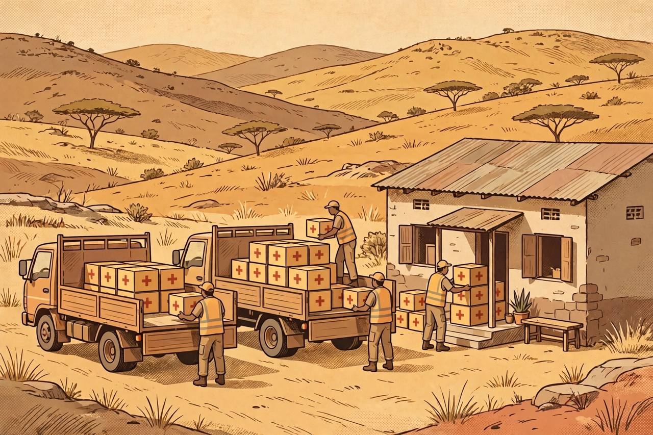 Editorial illustration of aid trucks and generic aid workers unloading medical supply crates outside a rural health clinic in northern Ethiopia