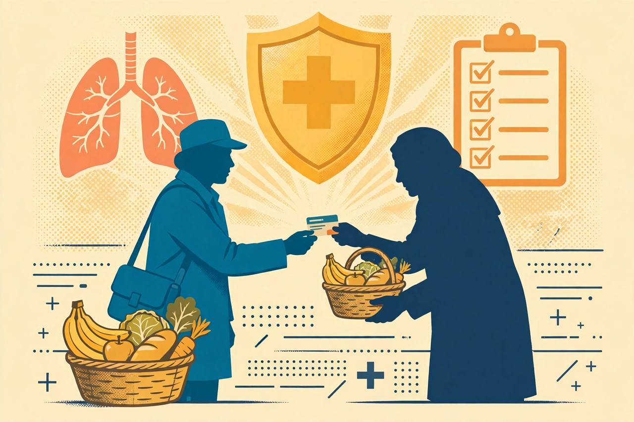 Editorial illustration of a health worker handing a benefits card and food basket to a tuberculosis patient with a shield and checklist, flat style, no text, no real person depicted