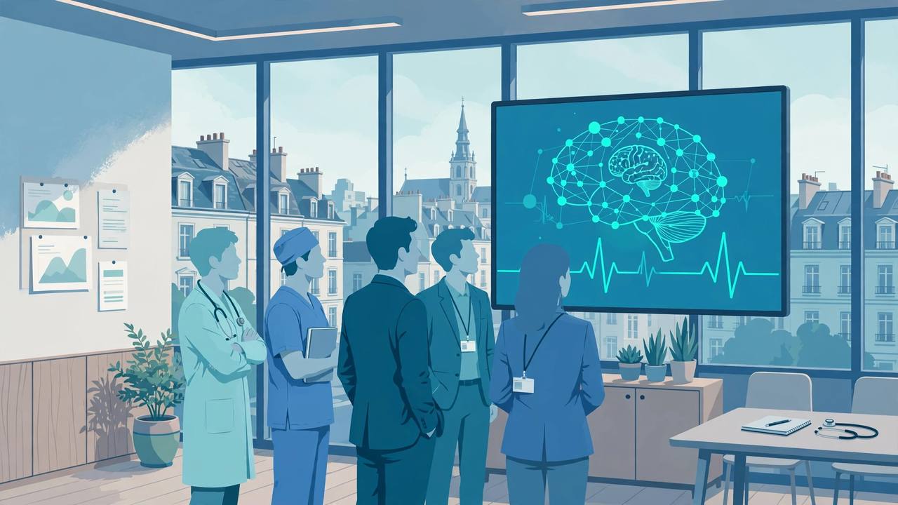 Editorial illustration of doctors and officials in a modern office looking at a screen showing a medical AI brain and heartbeat line