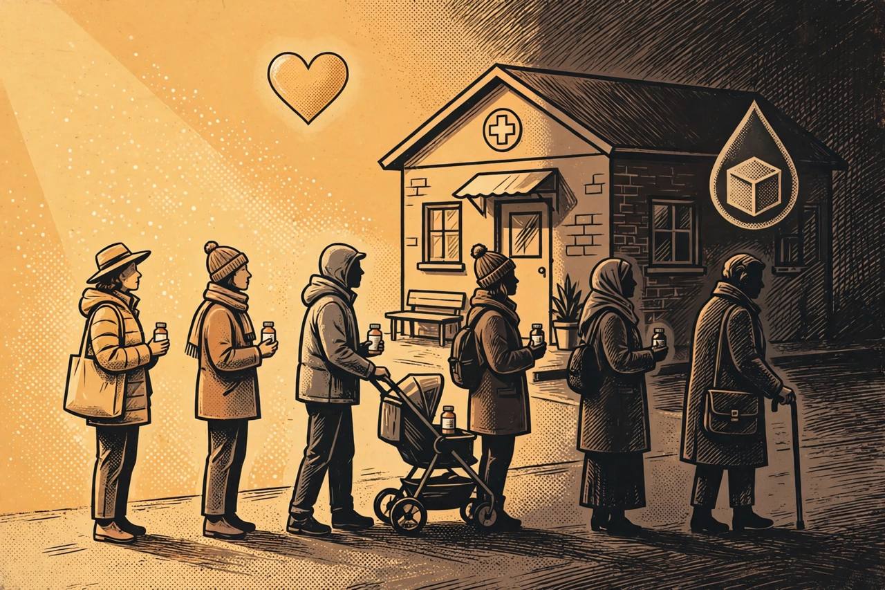 Editorial illustration of generic people queueing at a clinic, half in light and half in shadow — no real person depicted