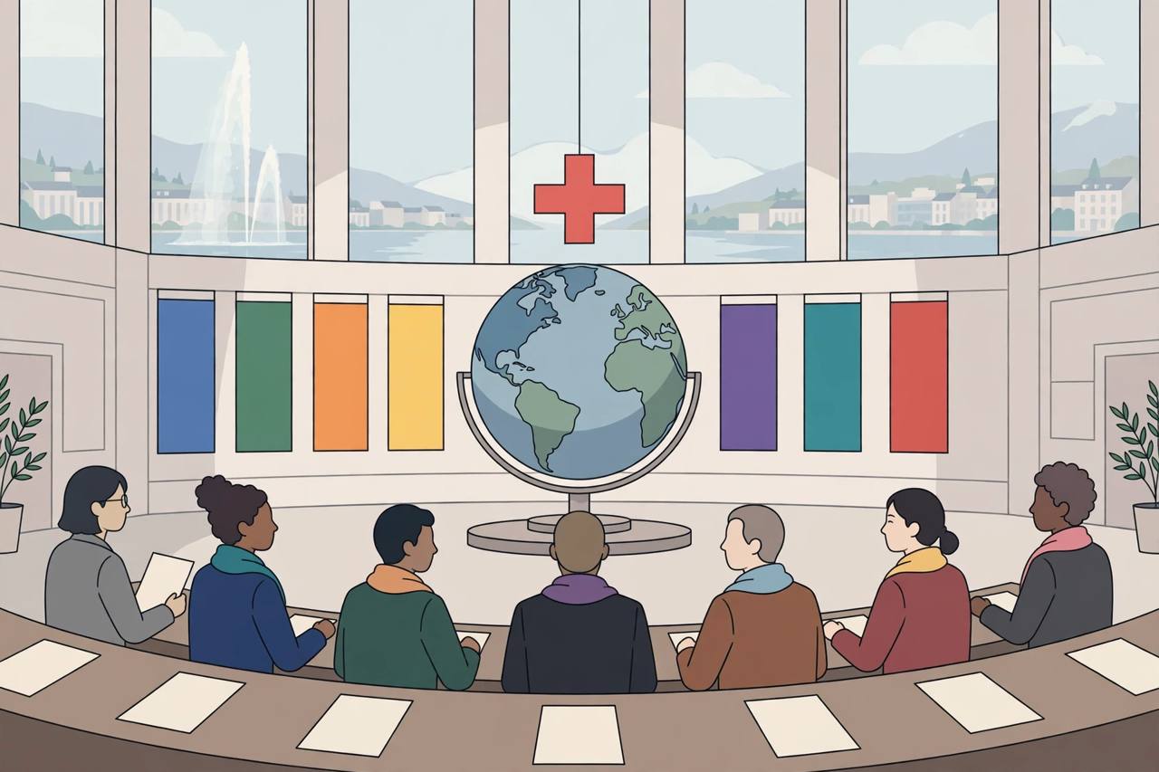 Editorial illustration of seven generic delegates seated in a semicircle in a world health assembly hall with a large globe and medical cross at the centre