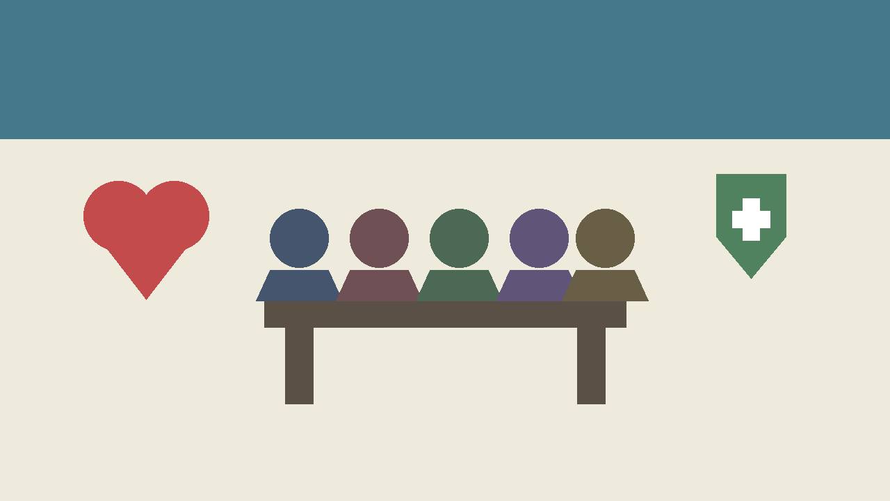 Editorial illustration of generic silhouetted figures at a meeting table with a generic heart and shield symbol — no real person, place or incident depicted