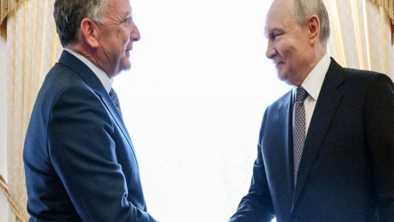 US special envoy Steve Witkoff shaking hands with Russian President Vladimir Putin during their talks in St. Petersburg