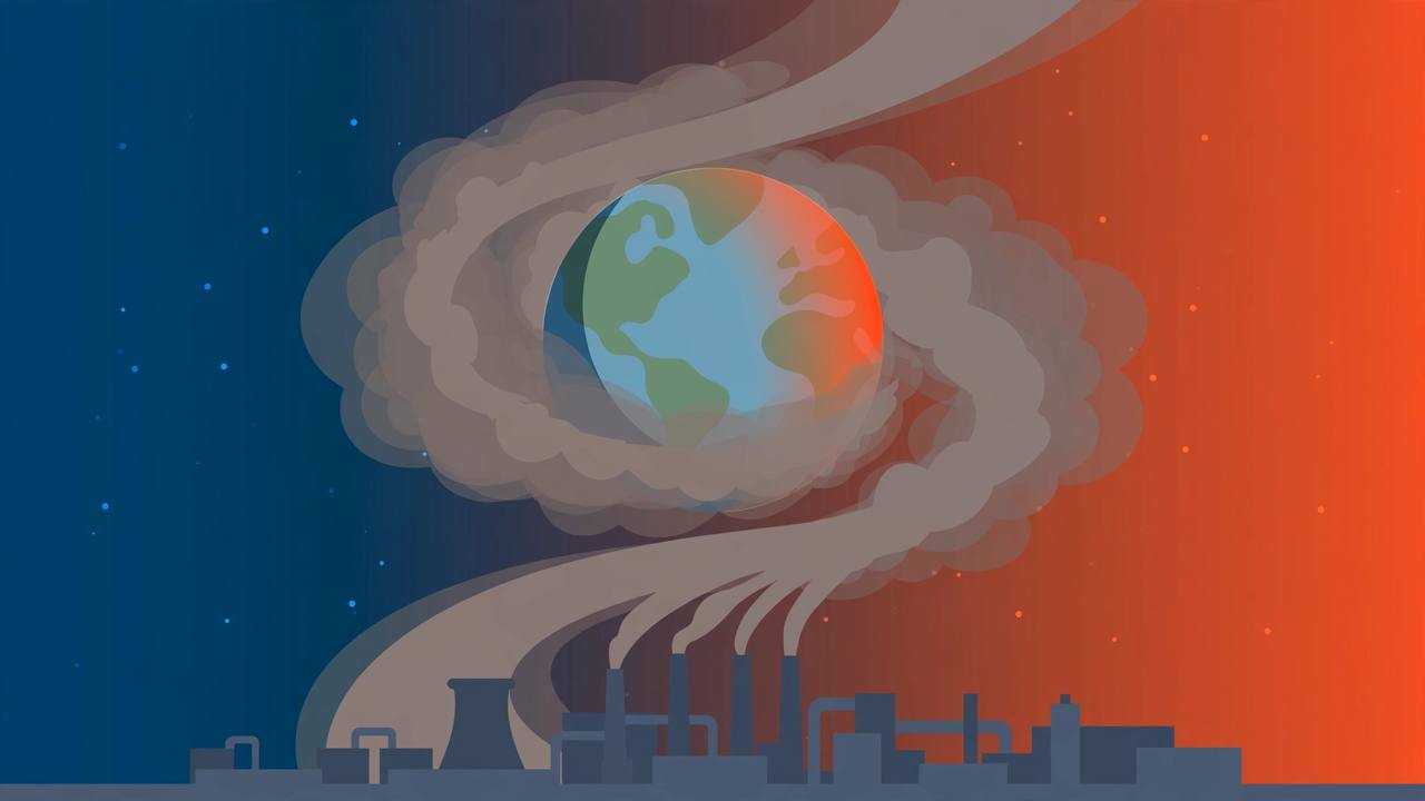 Editorial illustration of the Earth wrapped in smoke rising from factory chimneys