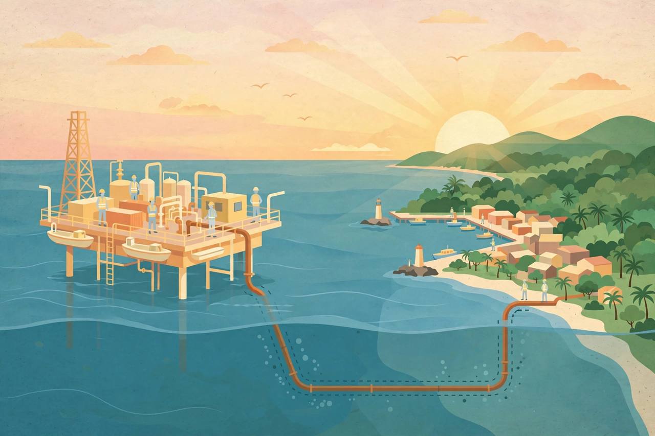 Offshore gas platform at sunrise with a pipeline toward a green coastline (Editorial illustration)