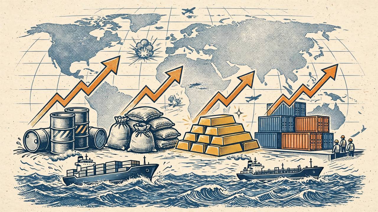 Editorial illustration of a world map with rising price arrows over oil barrels, grain sacks, gold bars and cargo ships