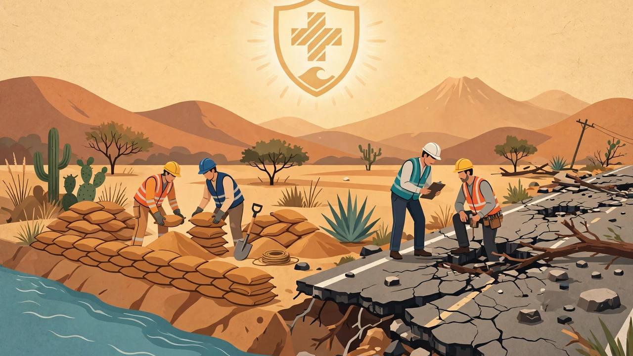 Editorial illustration of generic emergency workers and engineers in Mexico preparing sandbags and checking a river levee, flat style, no text, no real person depicted
