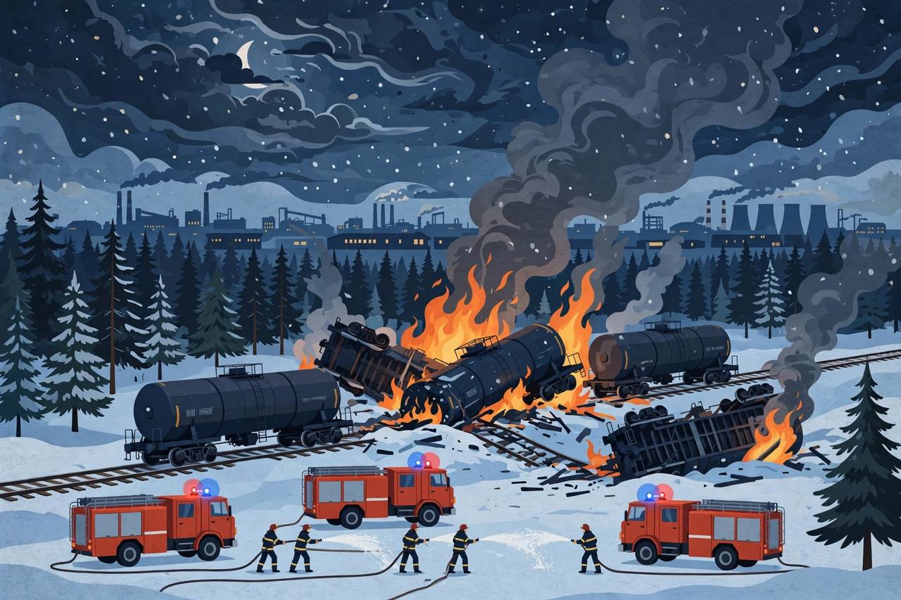 Editorial illustration of a derailed freight train at night with tank cars burning and firefighters working beside the tracks
