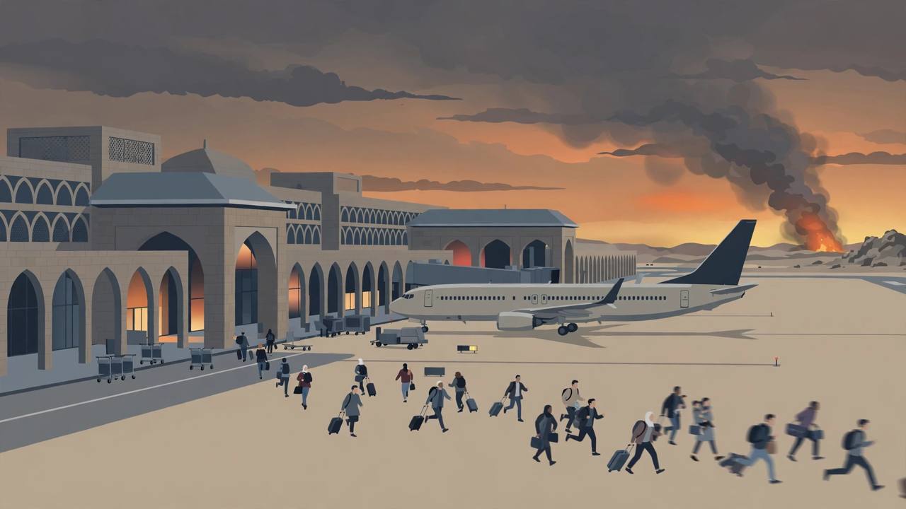 Editorial illustration of travellers leaving an airport terminal with suitcases as smoke rises in the distance at dusk