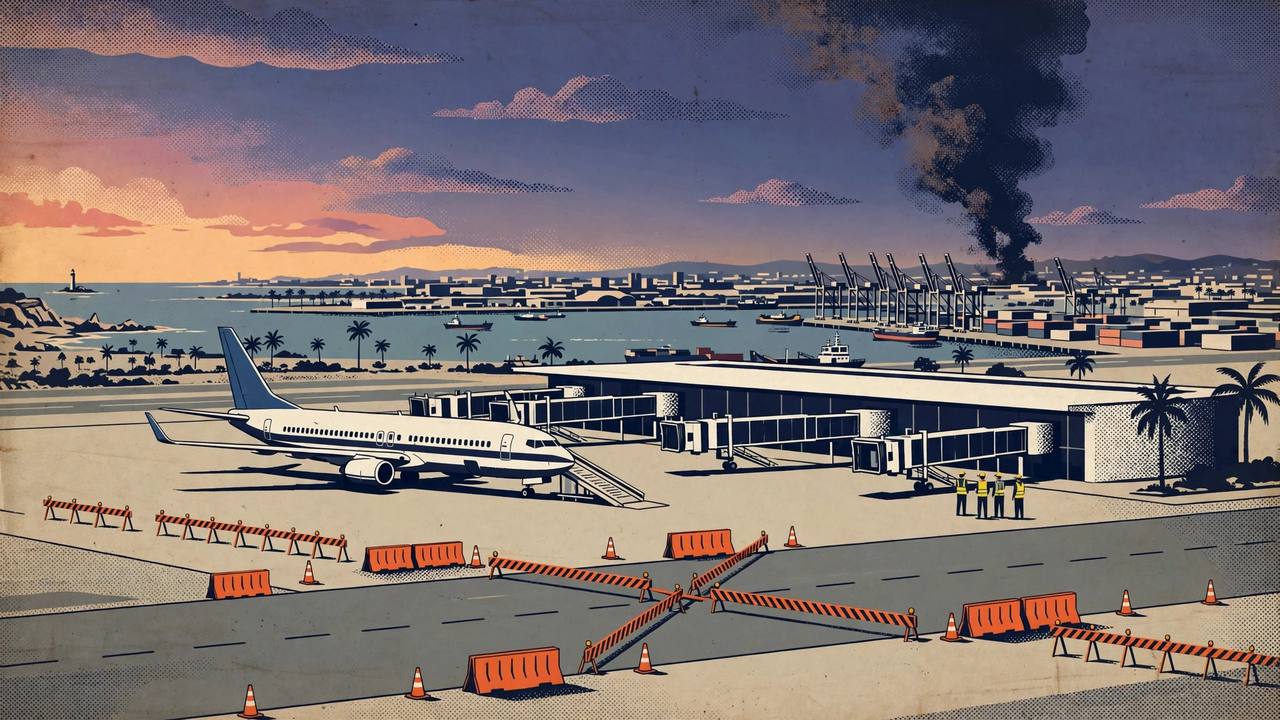 Editorial illustration of a coastal airport at dusk with a grounded plane, closed runway and a distant smoke plume