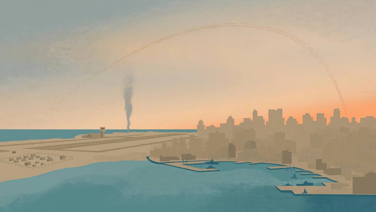 Editorial illustration of Aden's coast, airport runway and city skyline at dawn, with smoke rising near the airport and a missile trail in the sky