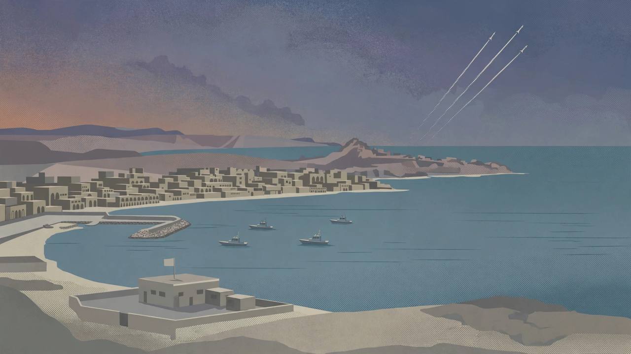 Editorial illustration of a Yemeni port city harbour at dusk with coast guard patrol boats, a shore government building and thin distant missile trails high in the sky offshore, flat style, no people