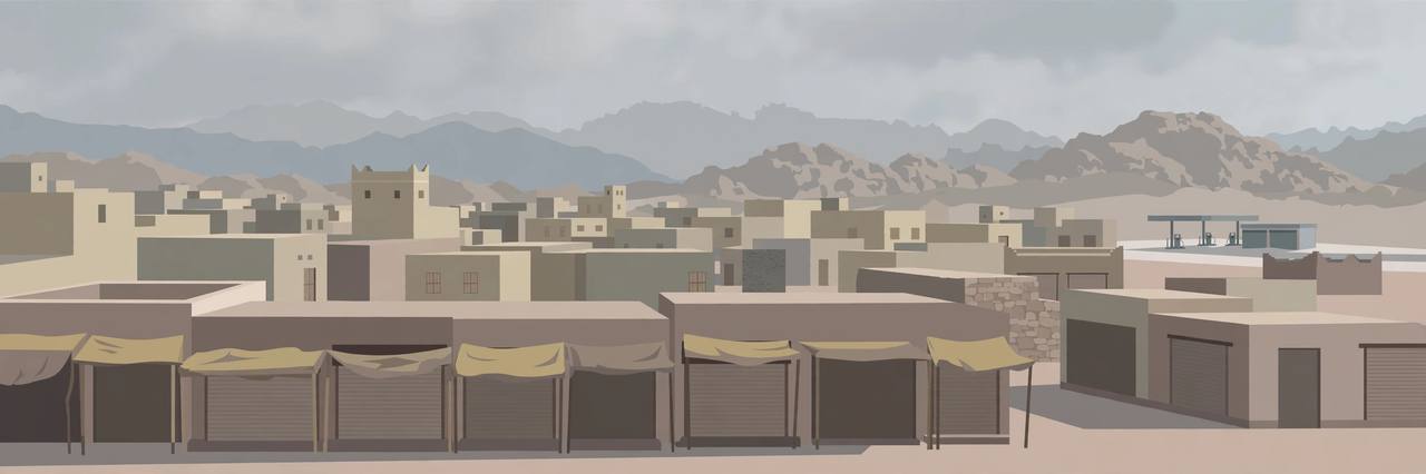Editorial illustration of a quiet northern Yemen market town with shuttered stalls and mountains behind, generic townscape only, no people and no incident depicted