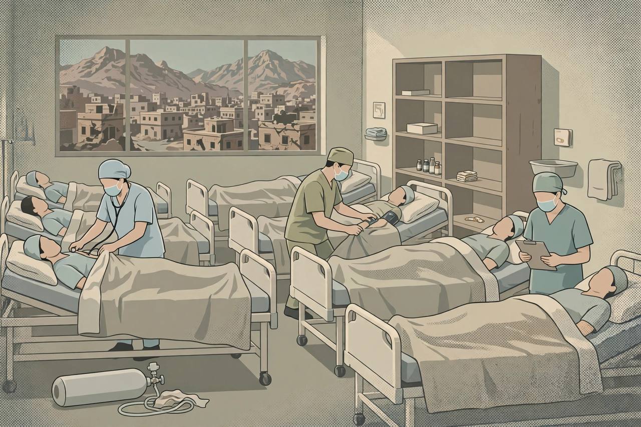 Editorial illustration of doctors and nurses tending patients in a crowded hospital ward with nearly empty medicine shelves, mountains and a Yemeni city visible through the window