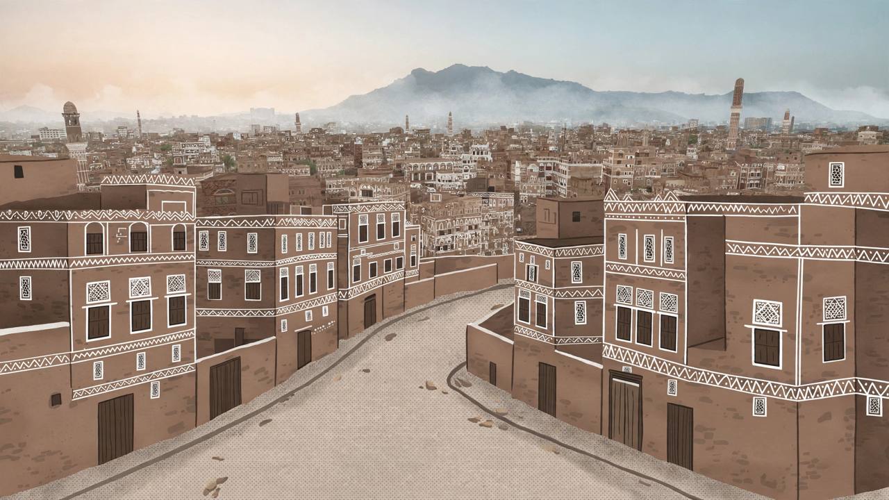 Editorial illustration of the old city skyline of Sanaa at dawn with brown tower houses and mountains behind, a quiet empty street, flat style, no people, no incident depicted