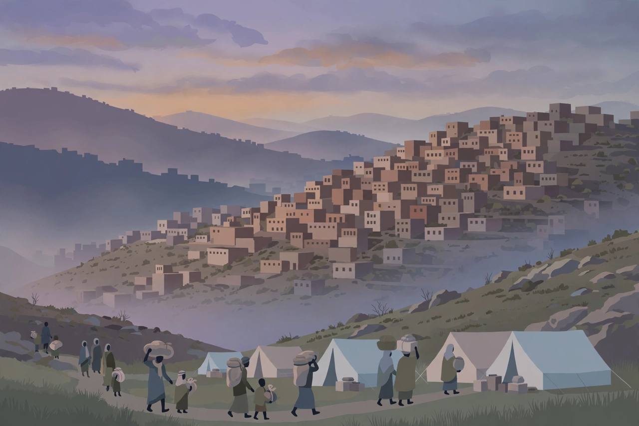 Editorial illustration of generic displaced families walking toward aid tents below a hillside city in Yemen, flat style, no real person depicted