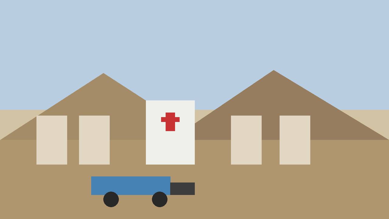 Editorial illustration of a mountain town with a hospital building and a generic water truck — flat style, no real person depicted