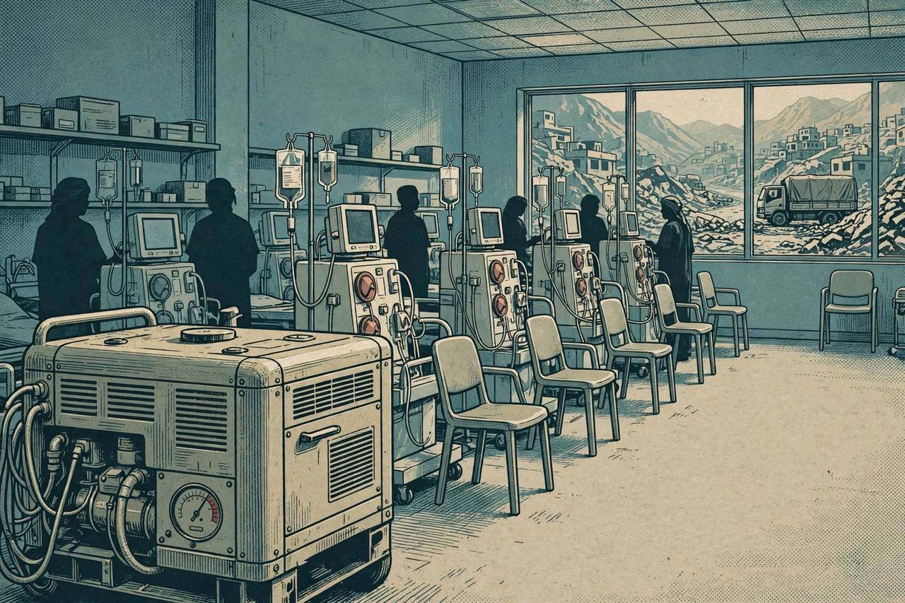 Editorial illustration of a hospital dialysis ward with machines beside empty chairs and a diesel generator with a nearly empty fuel gauge, a blocked road and a stopped aid truck in the background