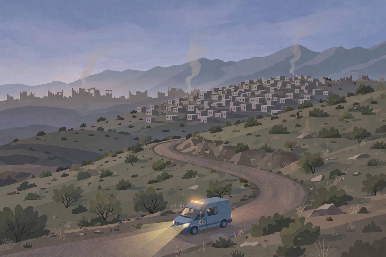 Editorial illustration of a Yemen hillside town near Taiz at dusk with an ambulance on a winding road, incident not depicted