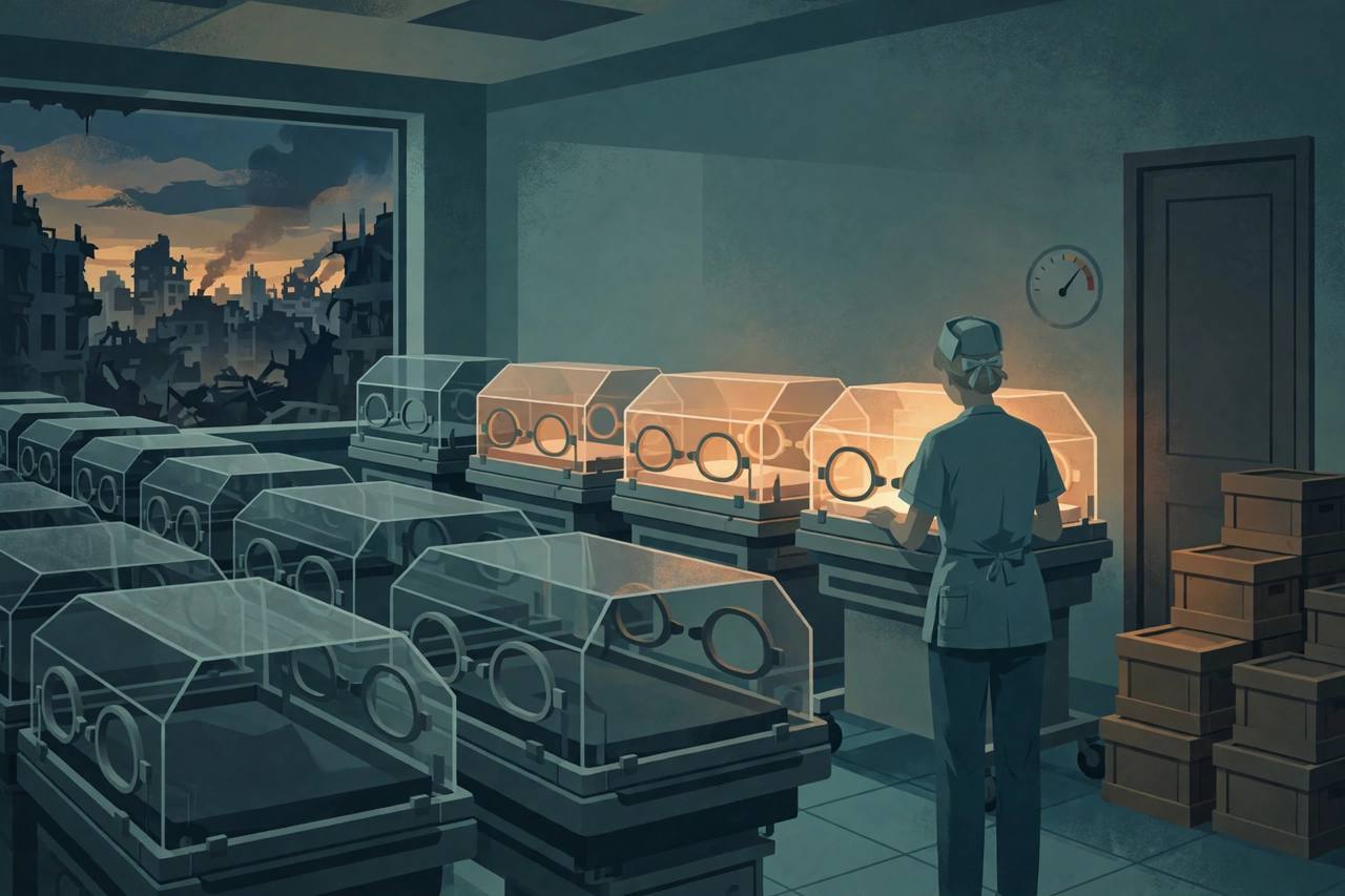Editorial illustration of a hospital neonatal ward with rows of incubators, only a few glowing warm, and a generic nurse figure seen from behind