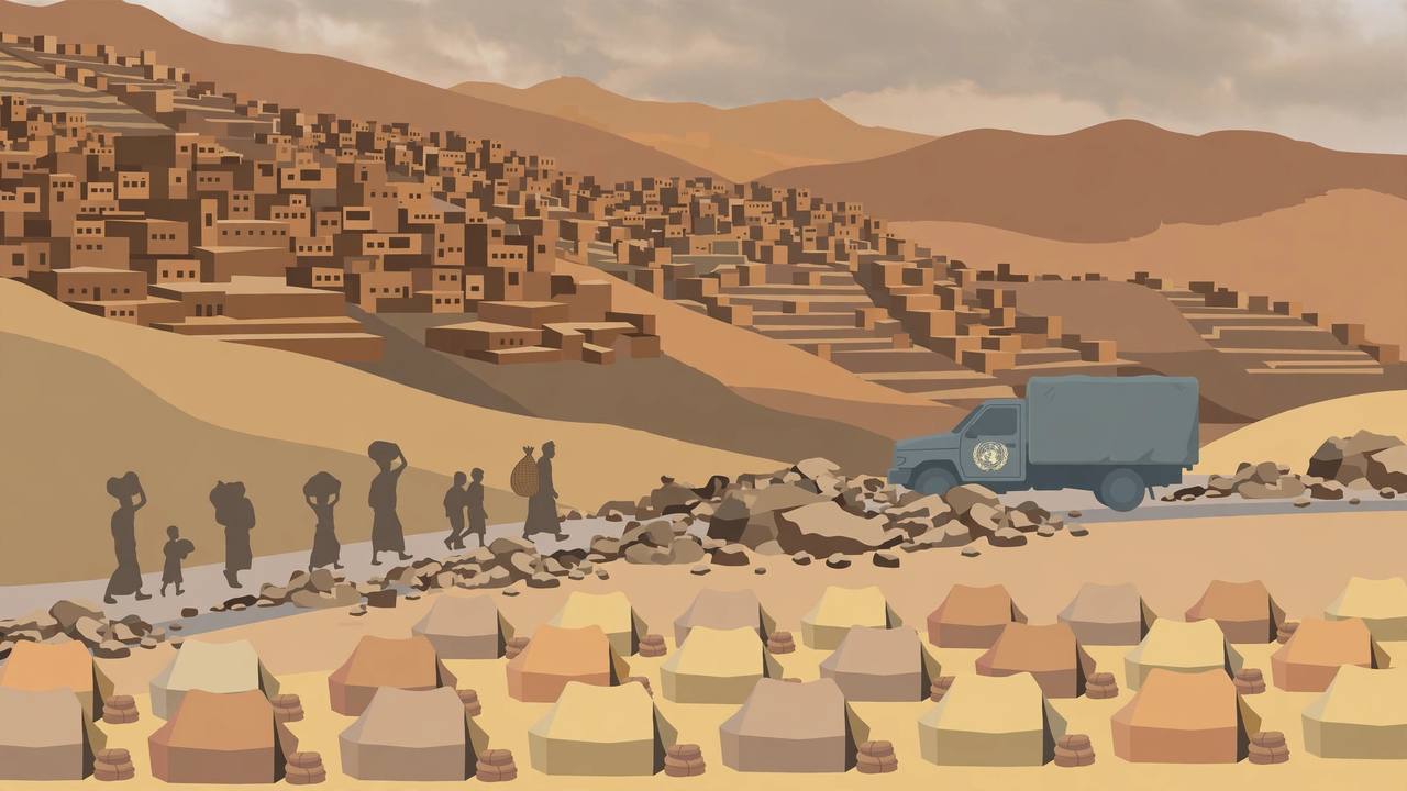 Editorial illustration of a Yemeni hillside city with aid tents, generic families carrying bundles on a blocked mountain road and a waiting aid truck, no real person's likeness, no violence depicted